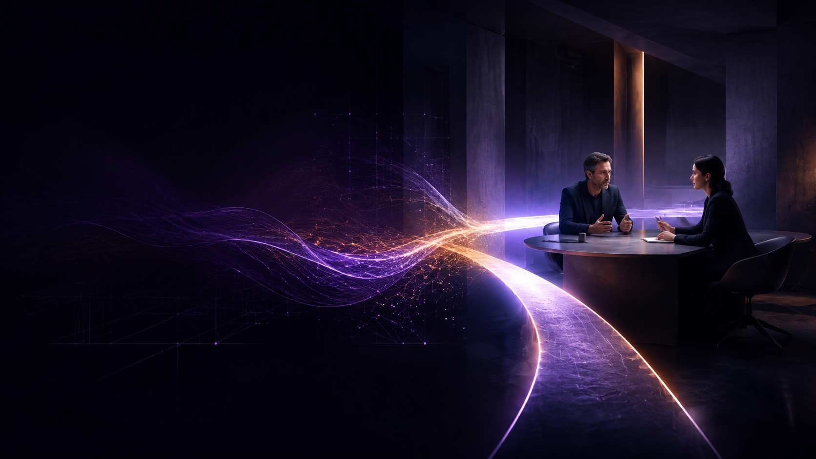 Two business professionals meeting where purple and orange digital pathways converge into a clear way forward