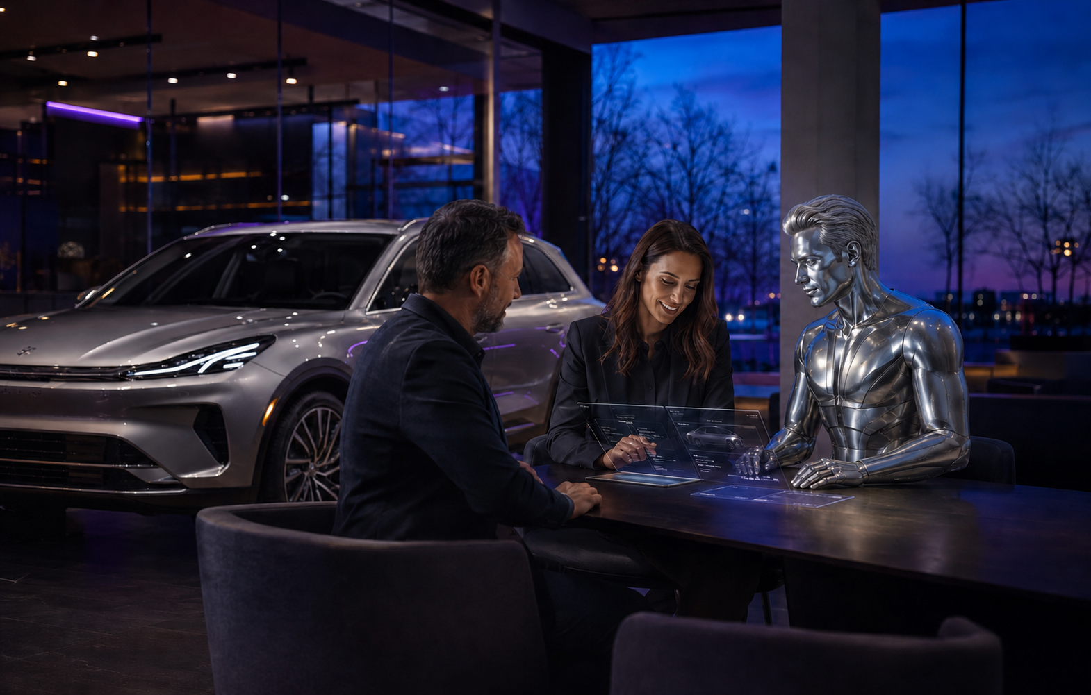 Human dealership team and customer working with a responsible silver AI navigator