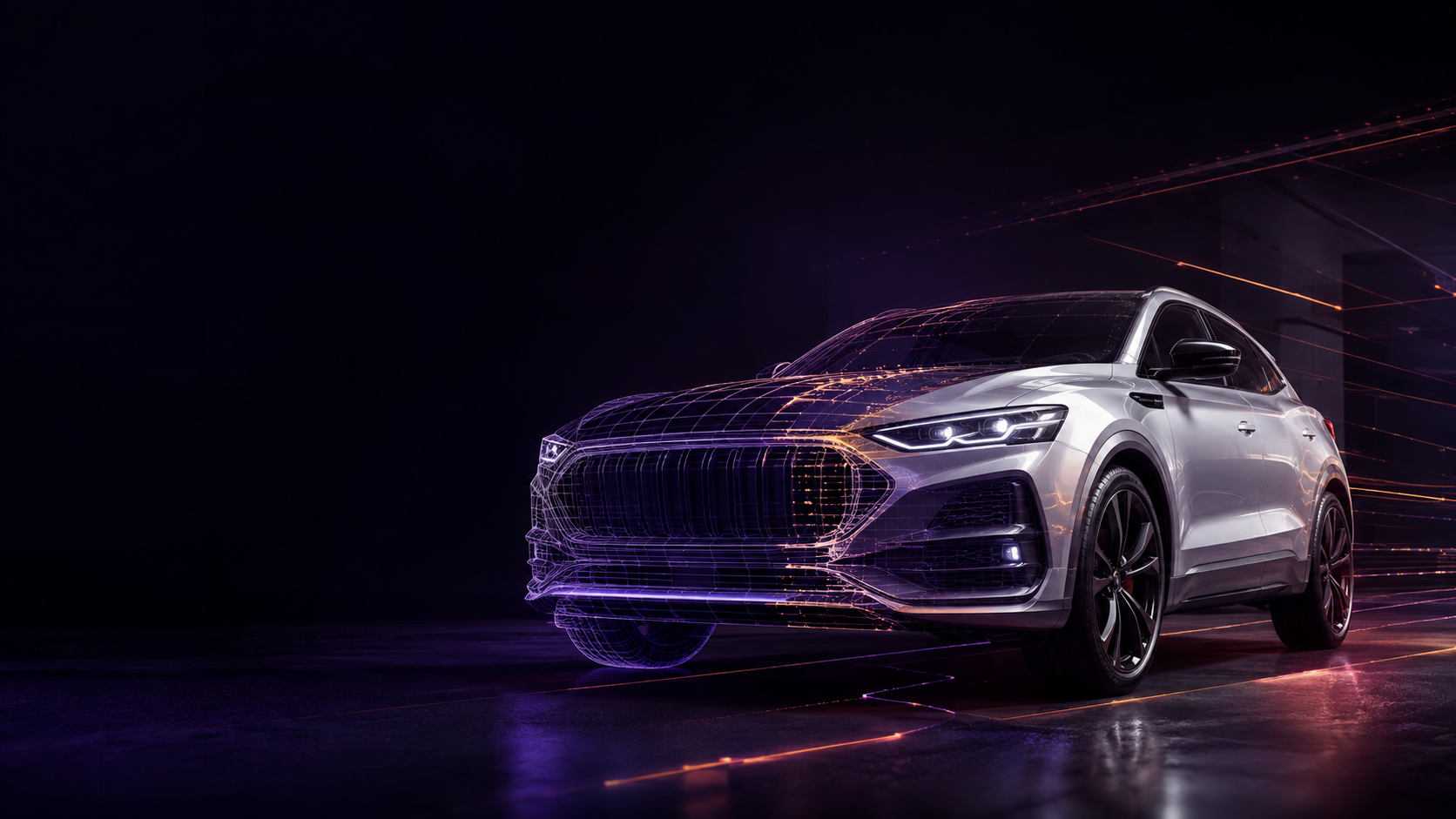White and silver vehicle emerging from an AI scanning and digital construction sequence