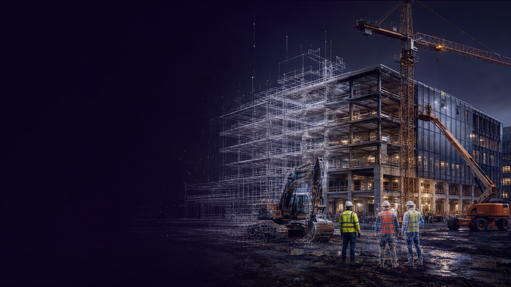 Large office building construction site transitioning from architectural blueprint to physical reality
