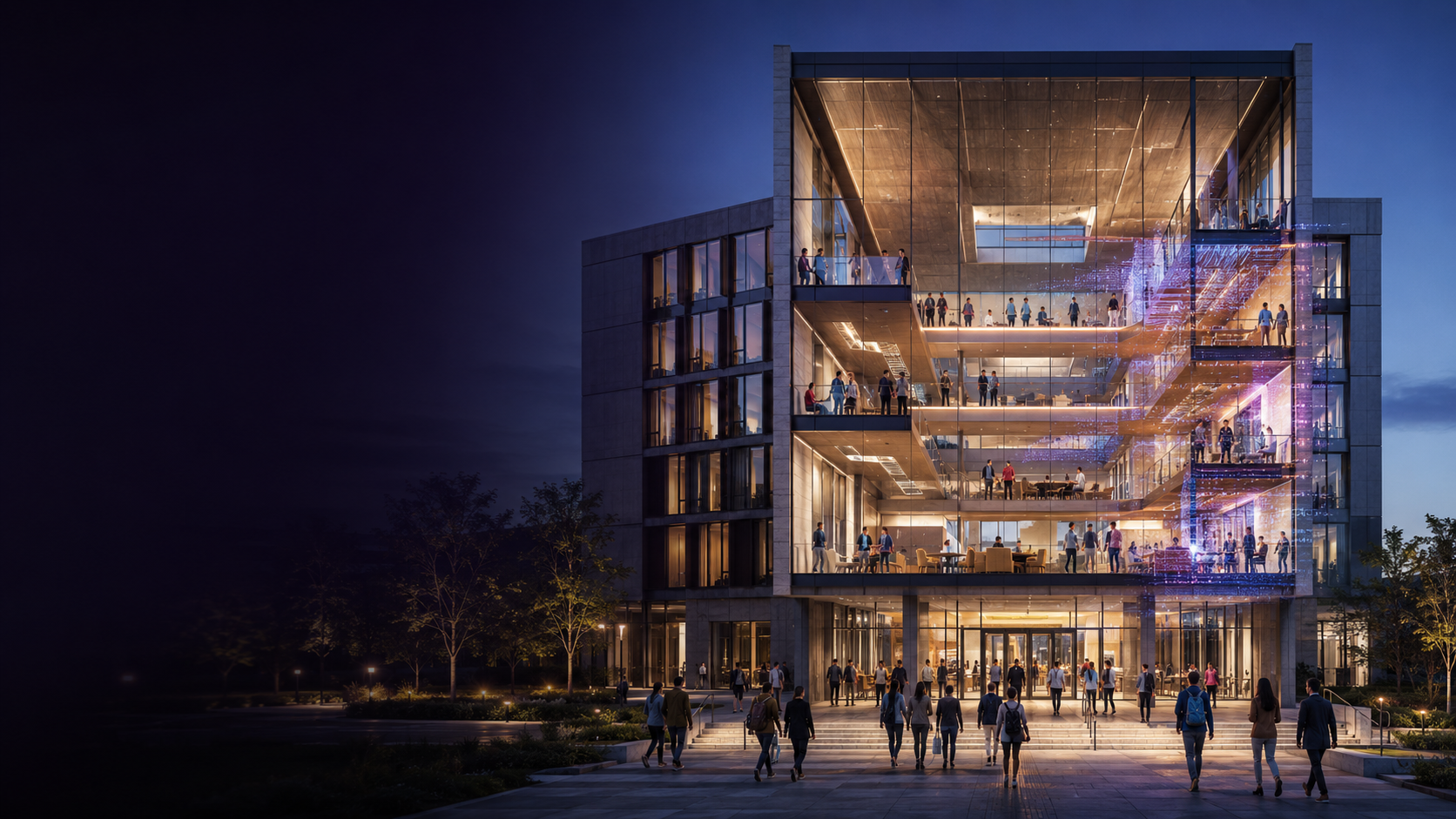 University building with a transparent front revealing an active community inside