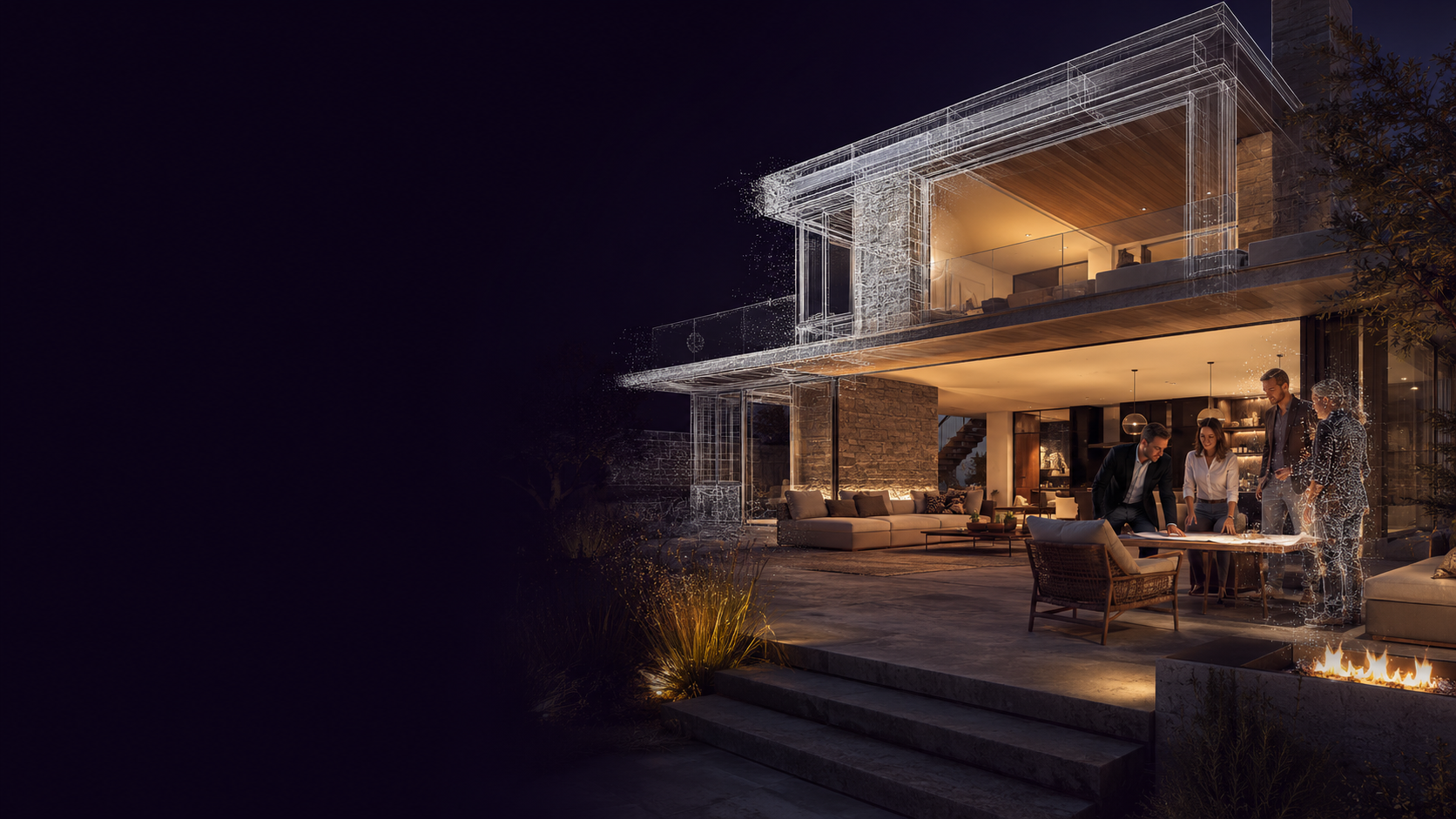 Contemporary home transitioning from digital spatial concept into a warm lived environment