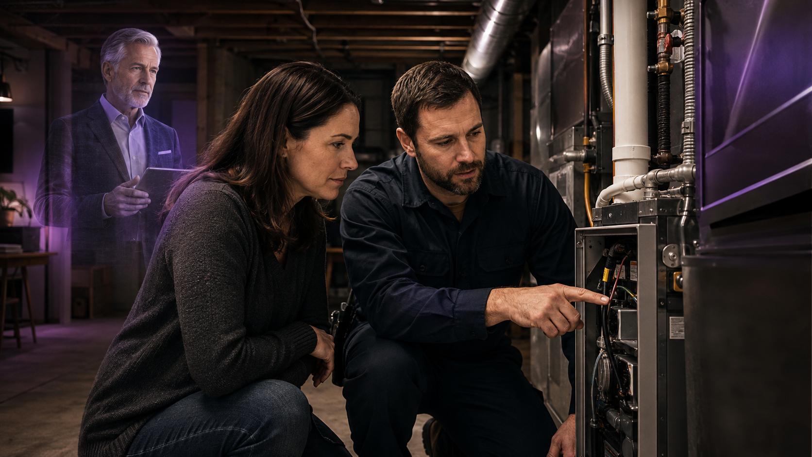 Homeowner and technician supported by the human-faced silver Wave Genius AI Navigator