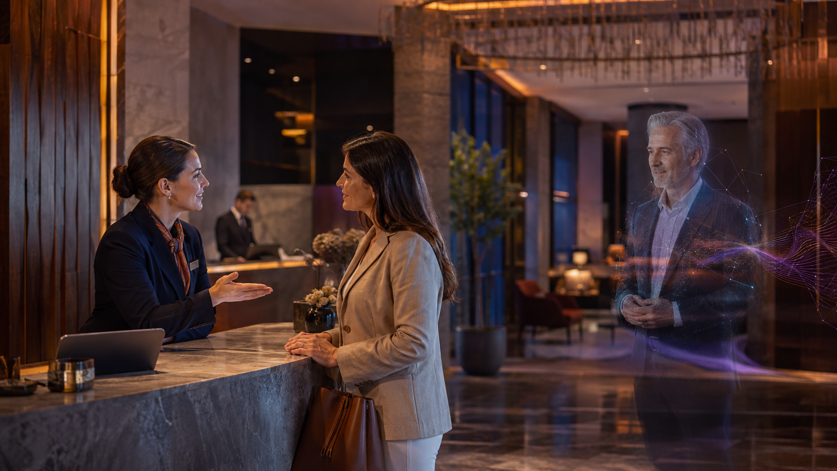Hotel concierge and guest supported by the human-faced silver Wave Genius AI Navigator