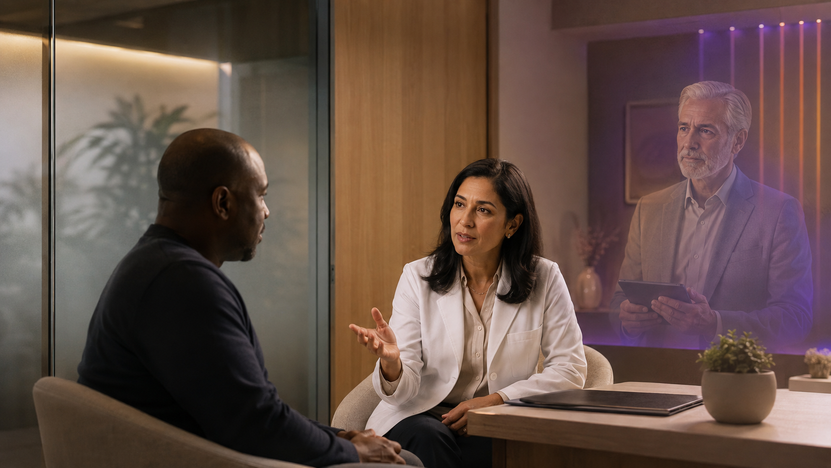 Clinician and adult patient supported by the human-faced silver Wave Genius AI Navigator