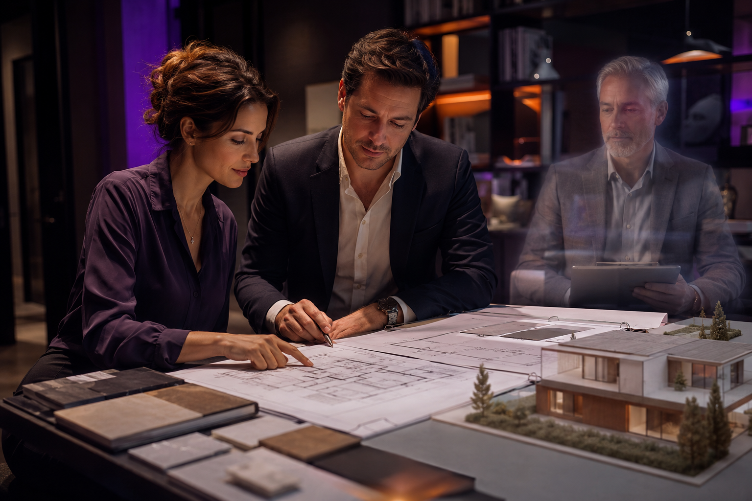 Real estate professional and client supported by the human-faced silver Wave Genius AI Navigator