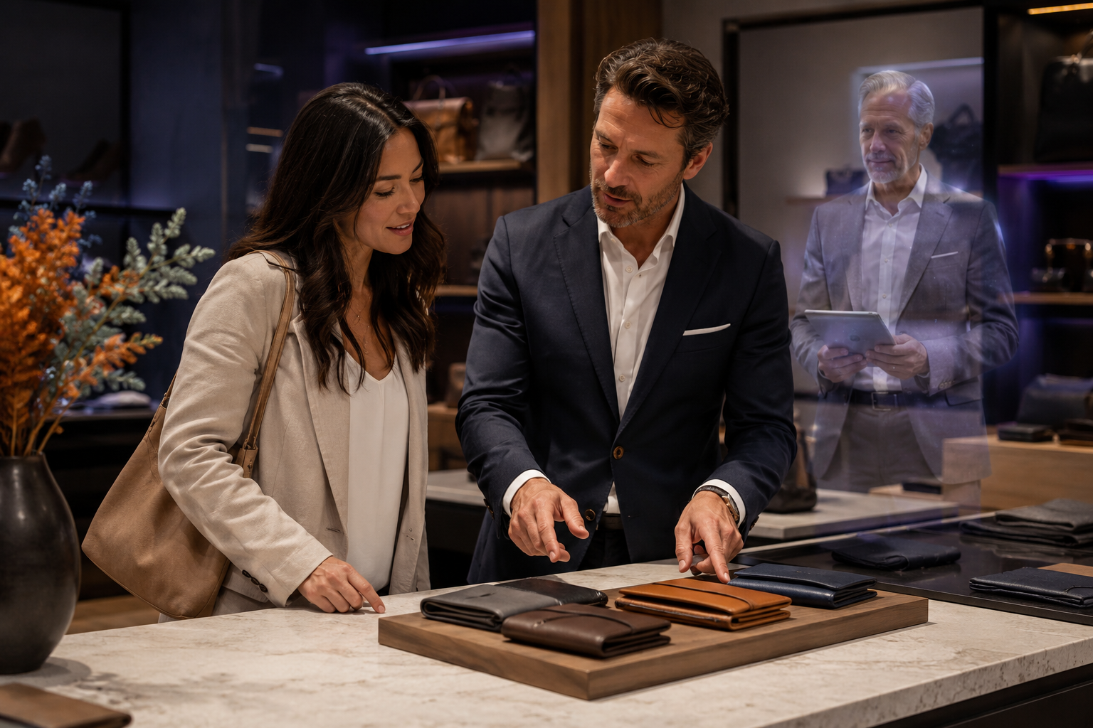Retail associate and customer supported by the human-faced silver Wave Genius AI Navigator