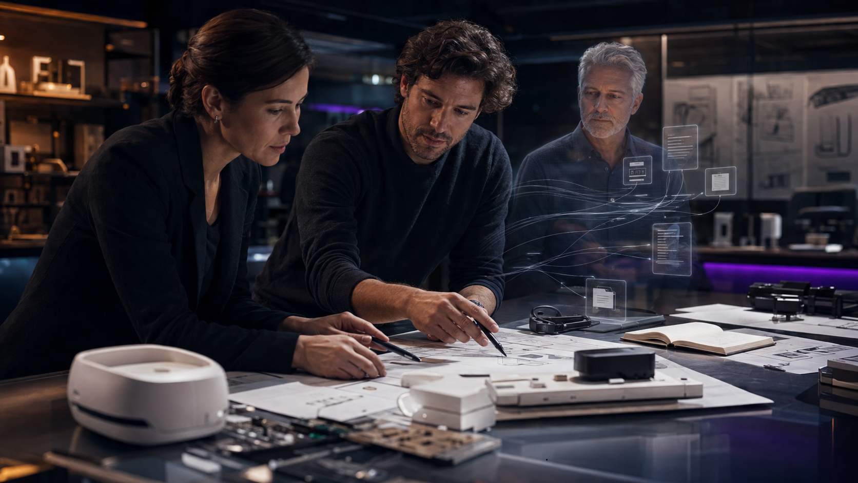 Technology professionals supported by the human-faced silver Wave Genius AI Navigator