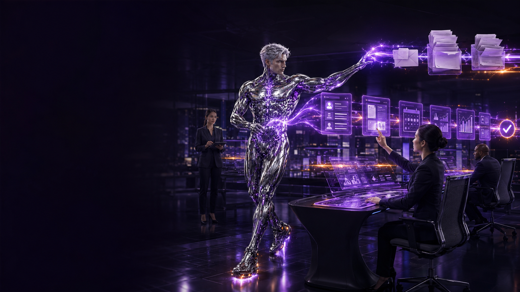 The Wave Genius silver AI navigator orchestrating a business workflow with human approval and oversight.