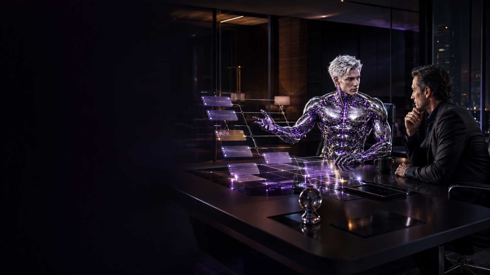 The Wave Genius silver AI navigator advising a realistic business owner in a digital strategy office.