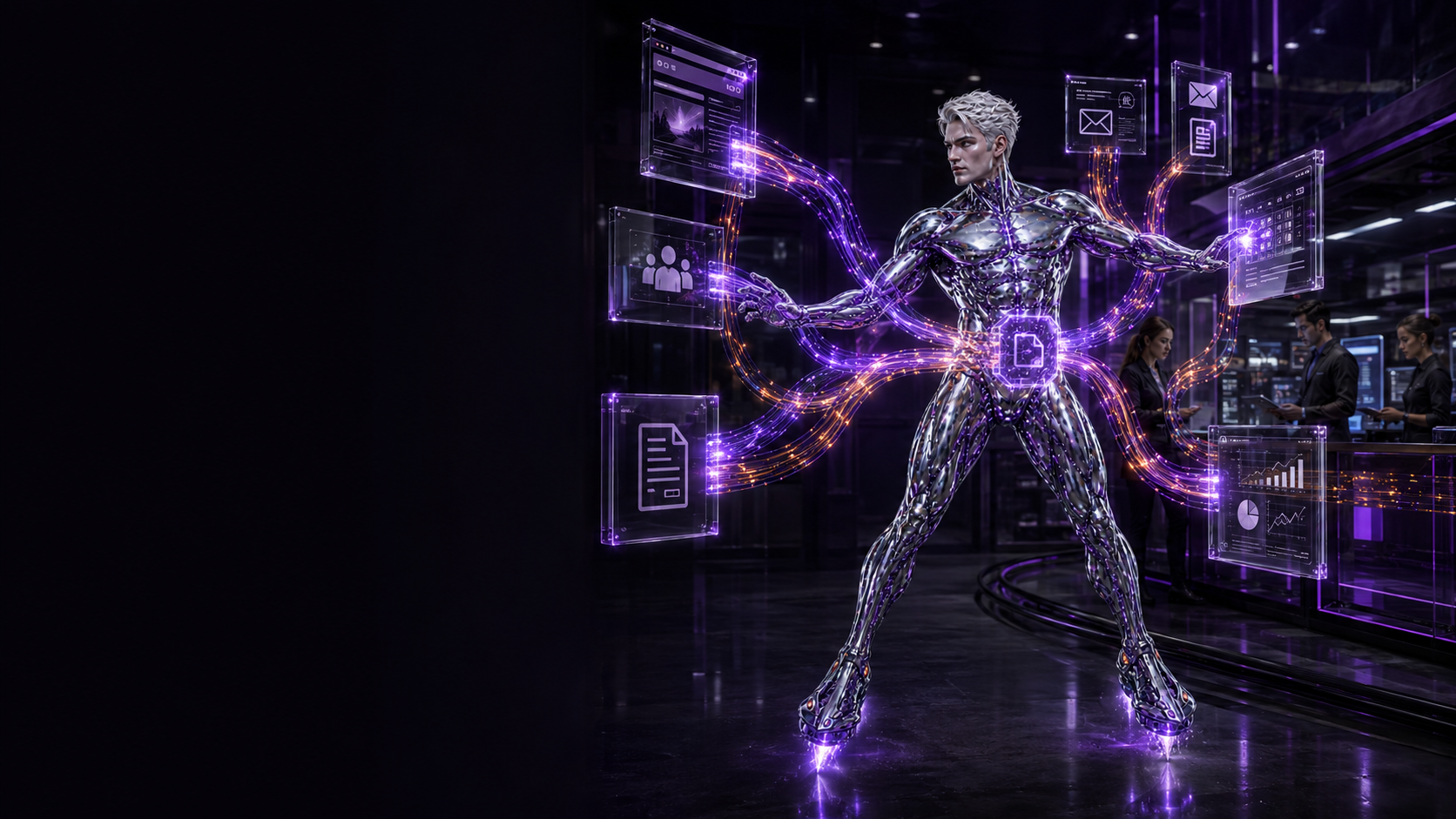 The Wave Genius silver AI navigator connecting business systems through governed streams of information.