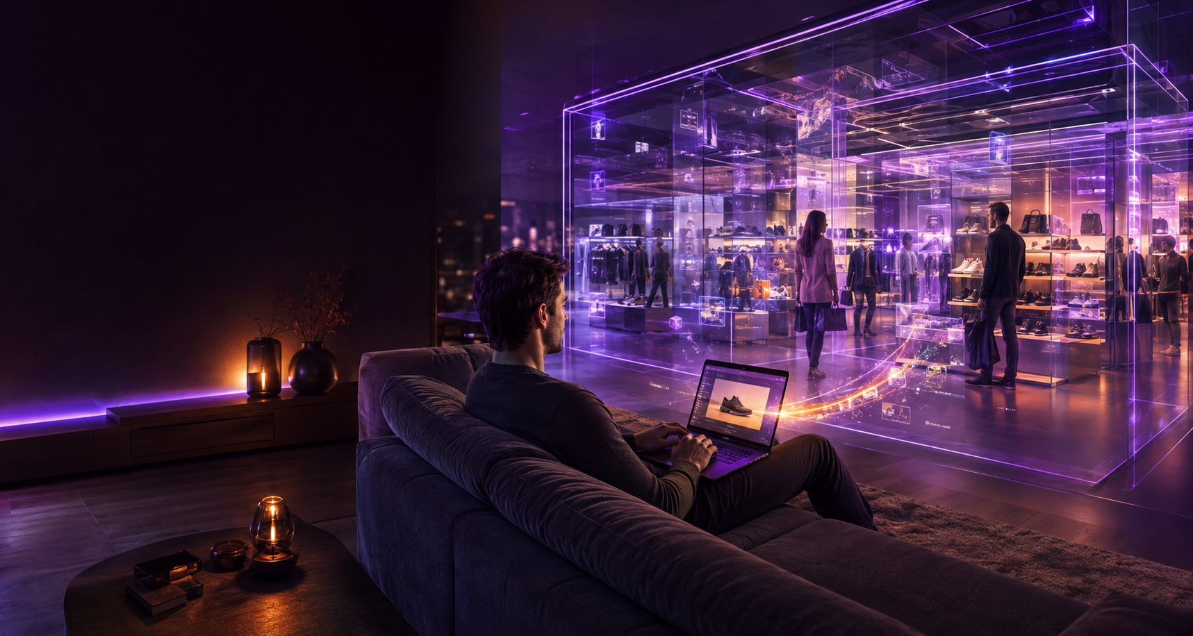 Customer shopping from home through a transparent digital storefront