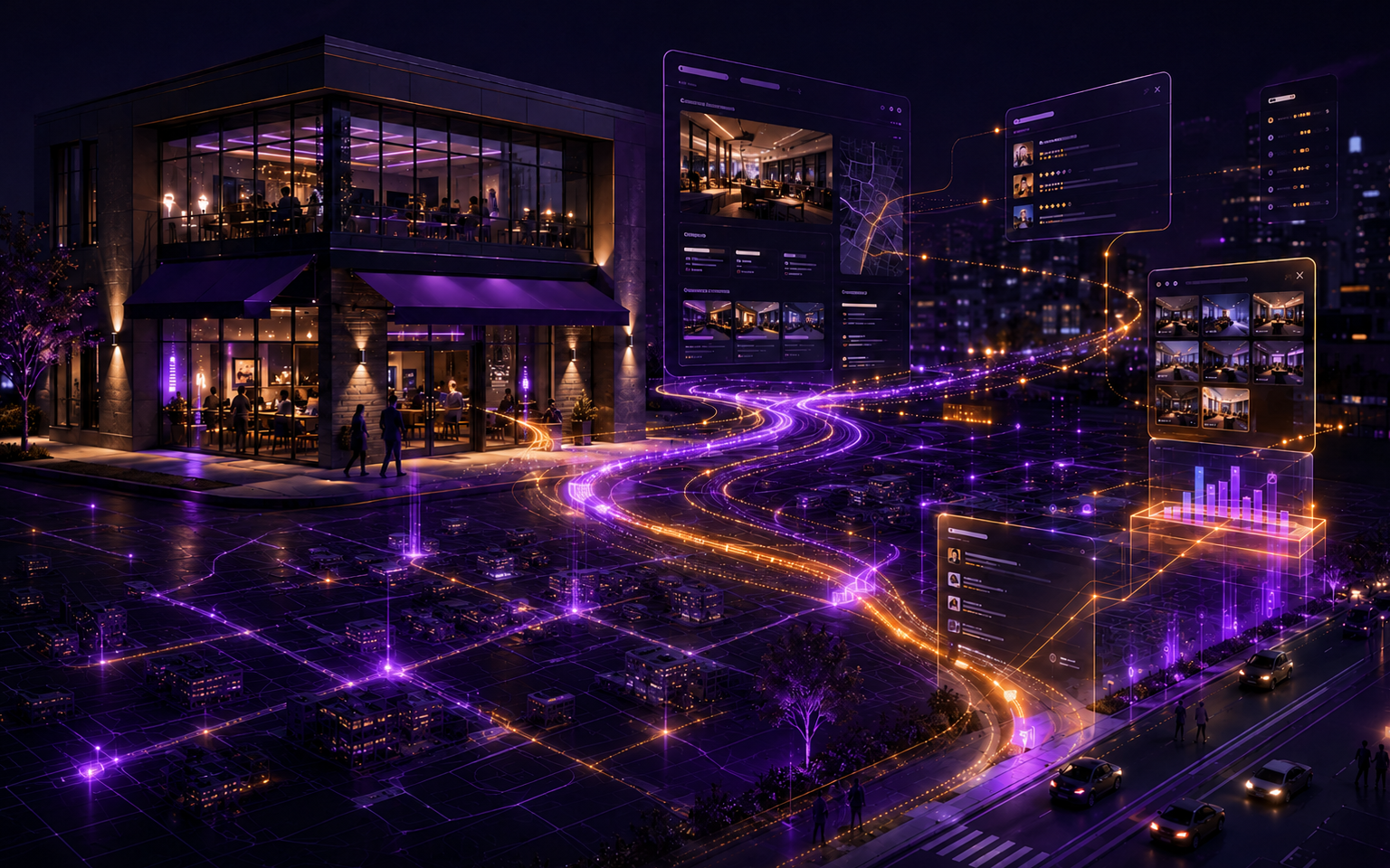 Local business profile connected to website pages, map visibility, reviews, citations, analytics, and nearby customer searches